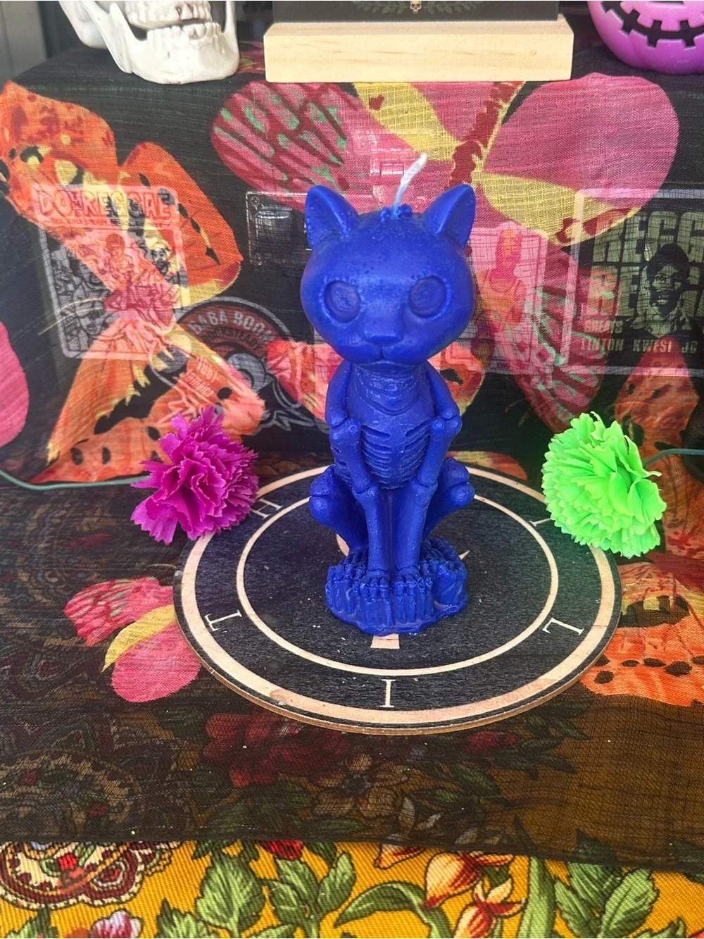 Handmade Blue Skeleton Cat Candle – Gothic Cat Figurine Candle